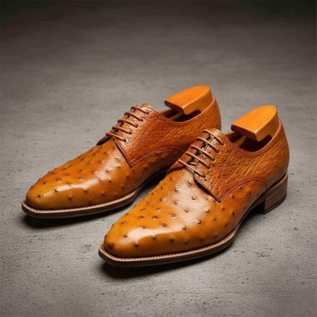 Handmade Men's Tan Derby Ostrich Leather Shoes