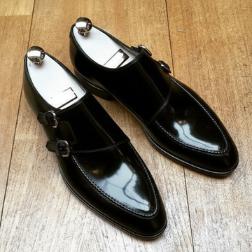 Men's Genuine Black Leather Double Monk Shoes