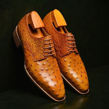 Handmade Men's Tan Derby Ostrich Leather Shoes
