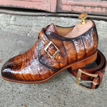 Men's Brown Crocodile Texture Leather Monk Shoes