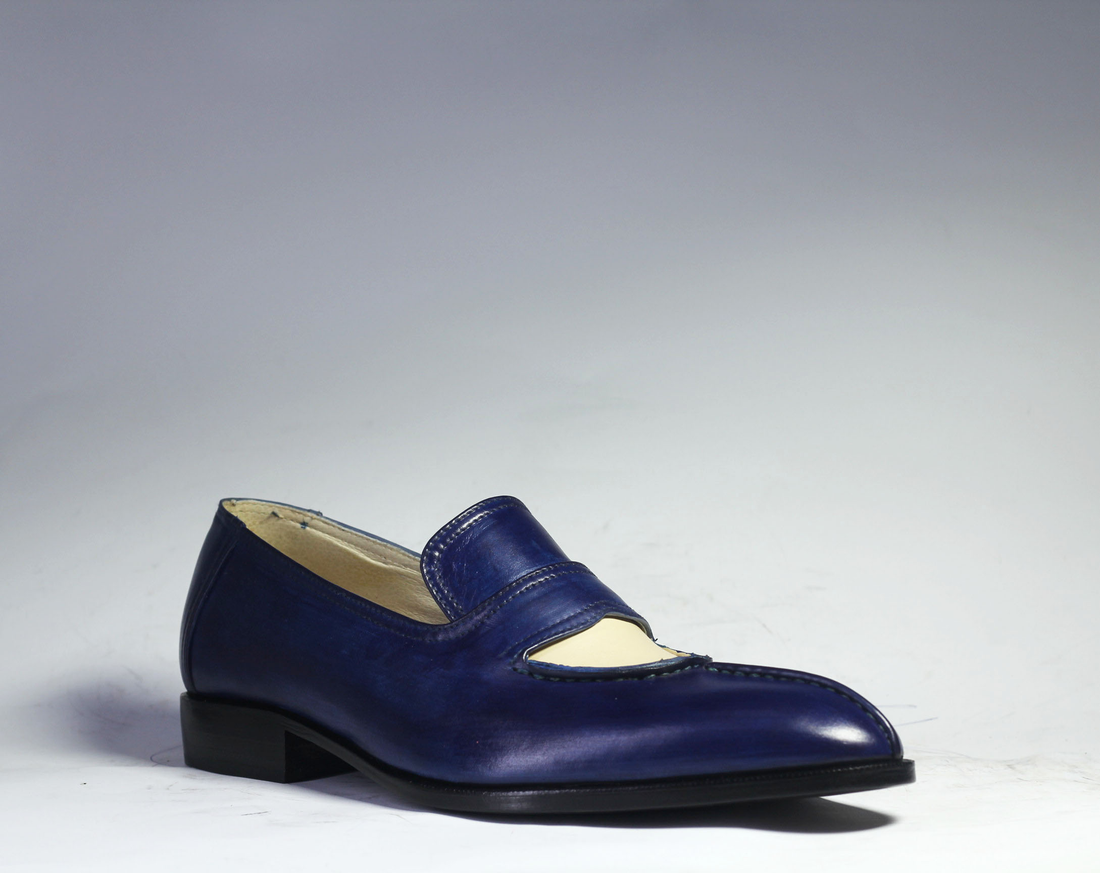 Men's Blue & Beige Patina Leather Moccasin Loafers
