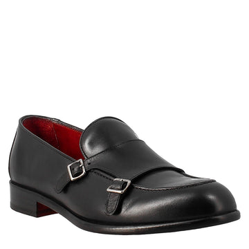 Black double buckle moccasin for men